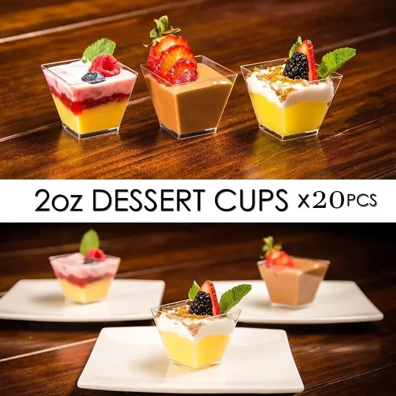 20 X 2oz Square Mini Plastic Cups With Spoons Clear Parfait Appetizer Cup for Tasting Party Desserts Appetizers