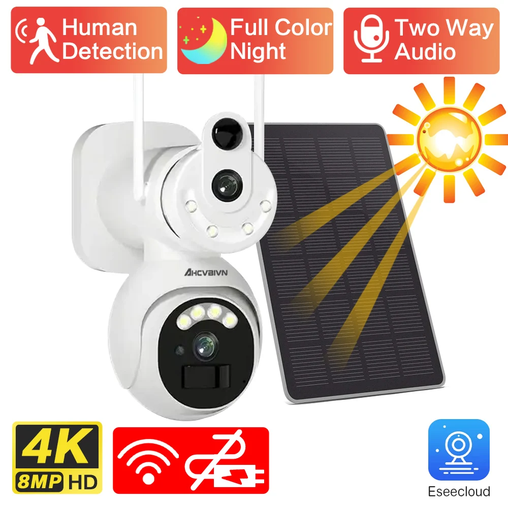 8Mp 4K Outdoor Two Way Audio Wifi Dual Lens Camera Ptz Wireless Solar Camera Ai Auto Tracking Cctv Sorveglianza Solar Cam Audio