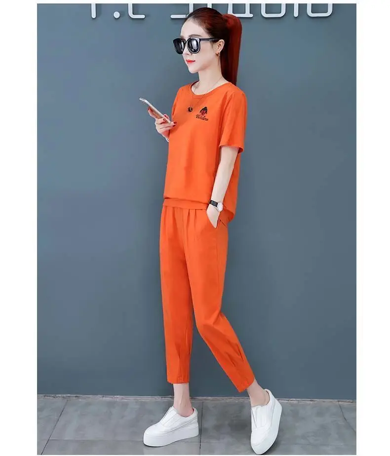 Embroidered Two Piece Suit Female Summer 2022 New Korean Loose Short Sleeved Fashion Casual Women 2 Piece Set Orange Khaki Black