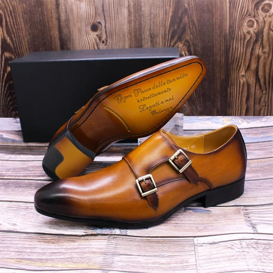 Mens Monk Strap Formal Shoes Genuine Leather Business Double Buckle Office Dress Shoes for Men