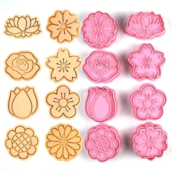 8Pcs Flowers Cookies Cutters Plastic Cartoon Pressable Biscuit Mold Confectionery Cookie Stamp Kitchen Baking Pastry Tools 1