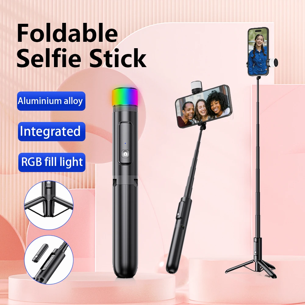 Portable All-In-One Selfie Stick with Hide Tripod Extendable Handle Fill Light & Anti-Shake Feature for Mobile Phone Photography