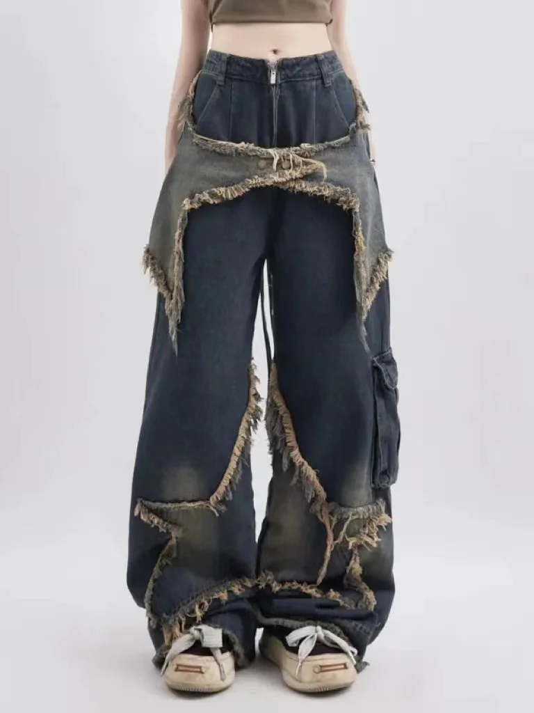 

Women Blue Jeans Contrasting Colors High Waist American Street Wide Leg Pants Fashion Hip Hop Vintage Straight Autumn Trousers