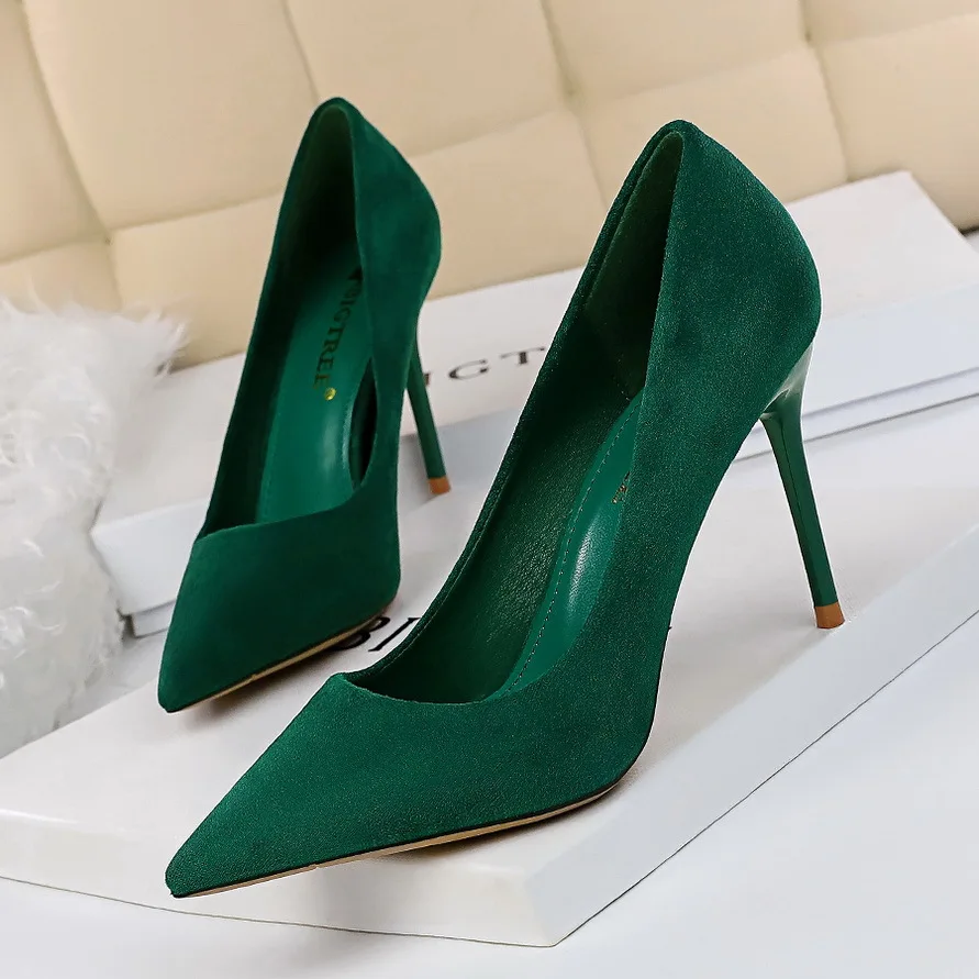 

Women 9cm High Heels Pumps Stripper Flock Suede Plus Size Escarpins Lady Wedding Bridal Heels Escarpins Green Blue Yellow Shoes