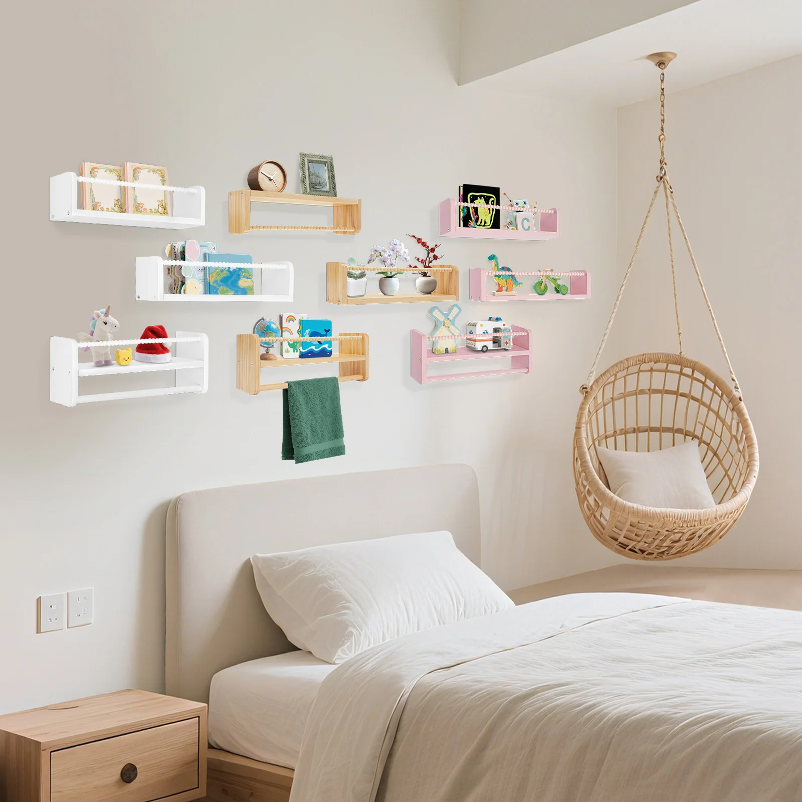 3-faches Bücherregal aus Holz, Kinderregale mit Holzperlen, Wandregal im Design – Detail 17