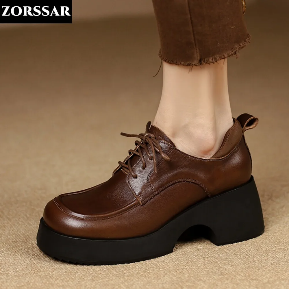 

2024 New Women's Bare Boots High Heels Lace Up Dress Shoes Genuine Leather Office Lady Shoes Vintage Oxford Shoes Brogue Shoe