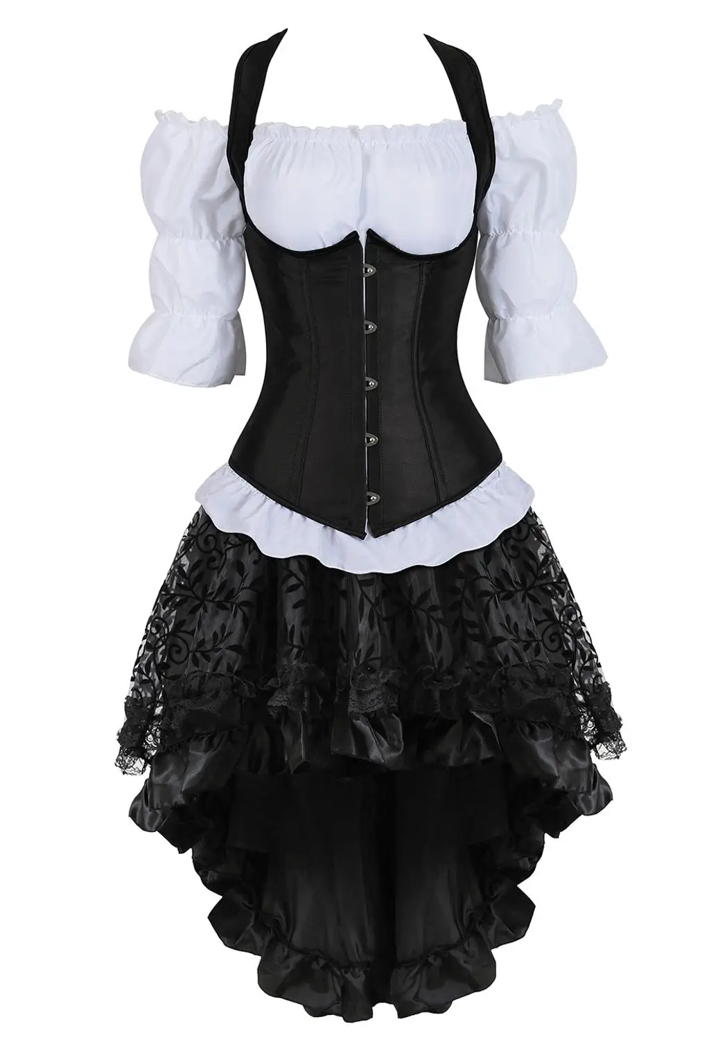 

Corset 3 Piece Outfits for Women Steampunk Steel Boned Straps Bustiers with Skirt White Blouse Set Carnival Dance Party Costumes