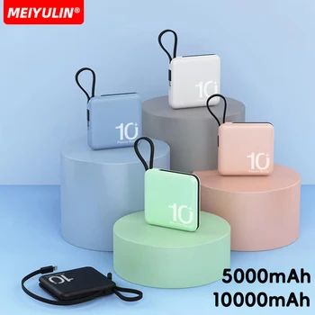 Power Bank di grande capacità da 10000 mAh 5000 mAh Cavo di tipo C integrato Batteria esterna Cordino portatile Powerbank per iPhone Samsung