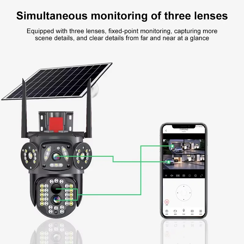 Telecamera Solare 4G con SIM 12MP 6K, Zoom Ottico 10X, Tre Obiettivi Grandangolari, Visione Notturna, Sicurezza Esterna CCTV con Rilevamento Movimento e Cloud - Image 2