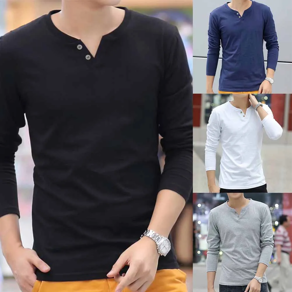 

Men‘s Thermal Underwear Long Sleeve T-Shirts Cotton Pullover V-Neck Collar Comfortable Button Slim Bottoming Shirt