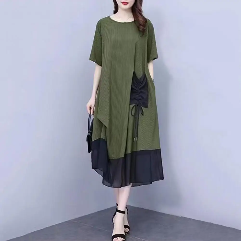 

Женское летнее платье с круглым вырезом, коротким рукавом и карманами