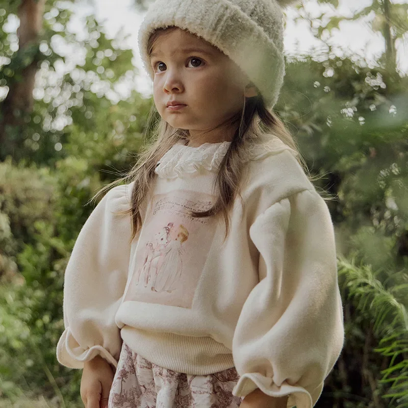 

Children Hoodie Clothing Girls Korean Style Lace Collar Cartoon Printed Casual Simple Sweet Top Velvet Winter Matching Outfit