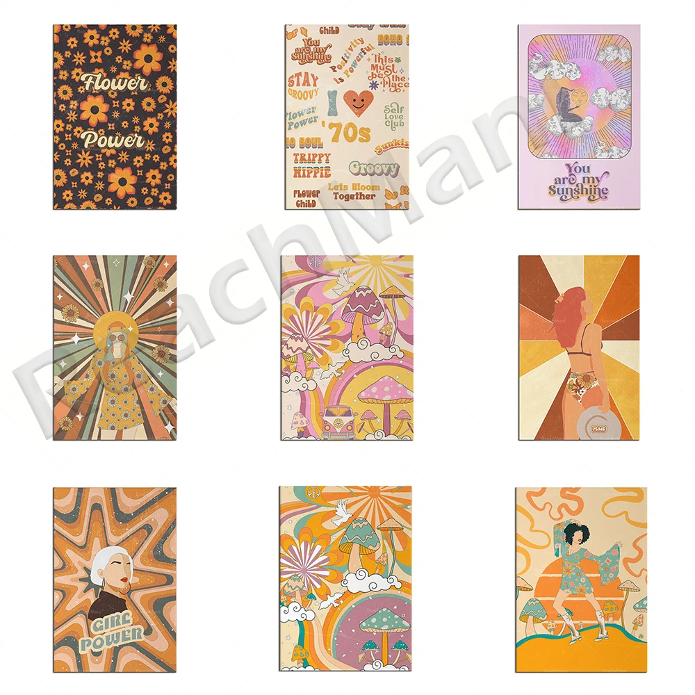 

70's floral print, hippie girl, rainbow art, flower power, flower girl, psychedelic art aesthetic colorful decorative poster