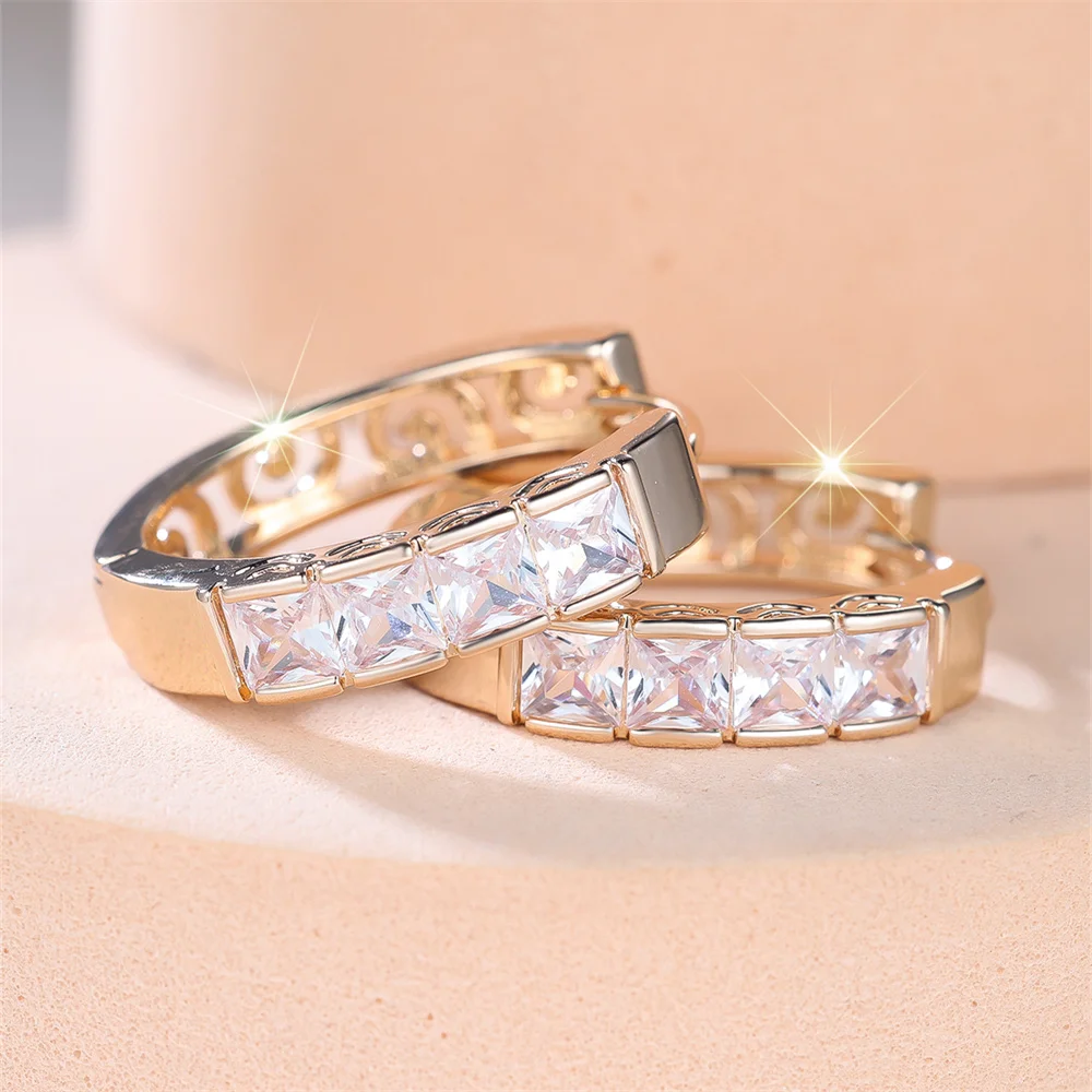 White Zircon Square Stone Luxury Crystal Hoop Earrings For Women Vintage Gold Color Ear Buckle Wedding Jewelry Versatile Gifts