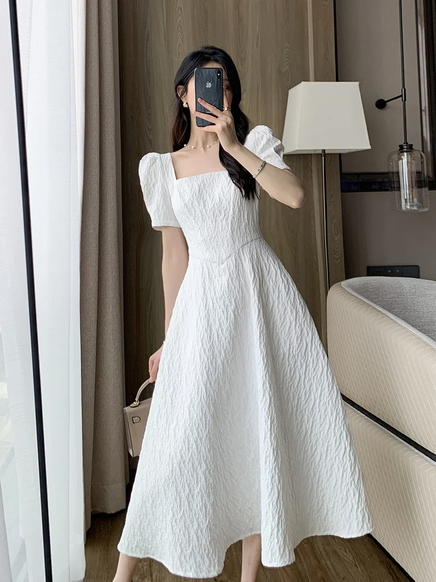 

White Dress Women's 2023 Summer New French Tea Break Slim and Gentle Style Square Neck Small White Dress