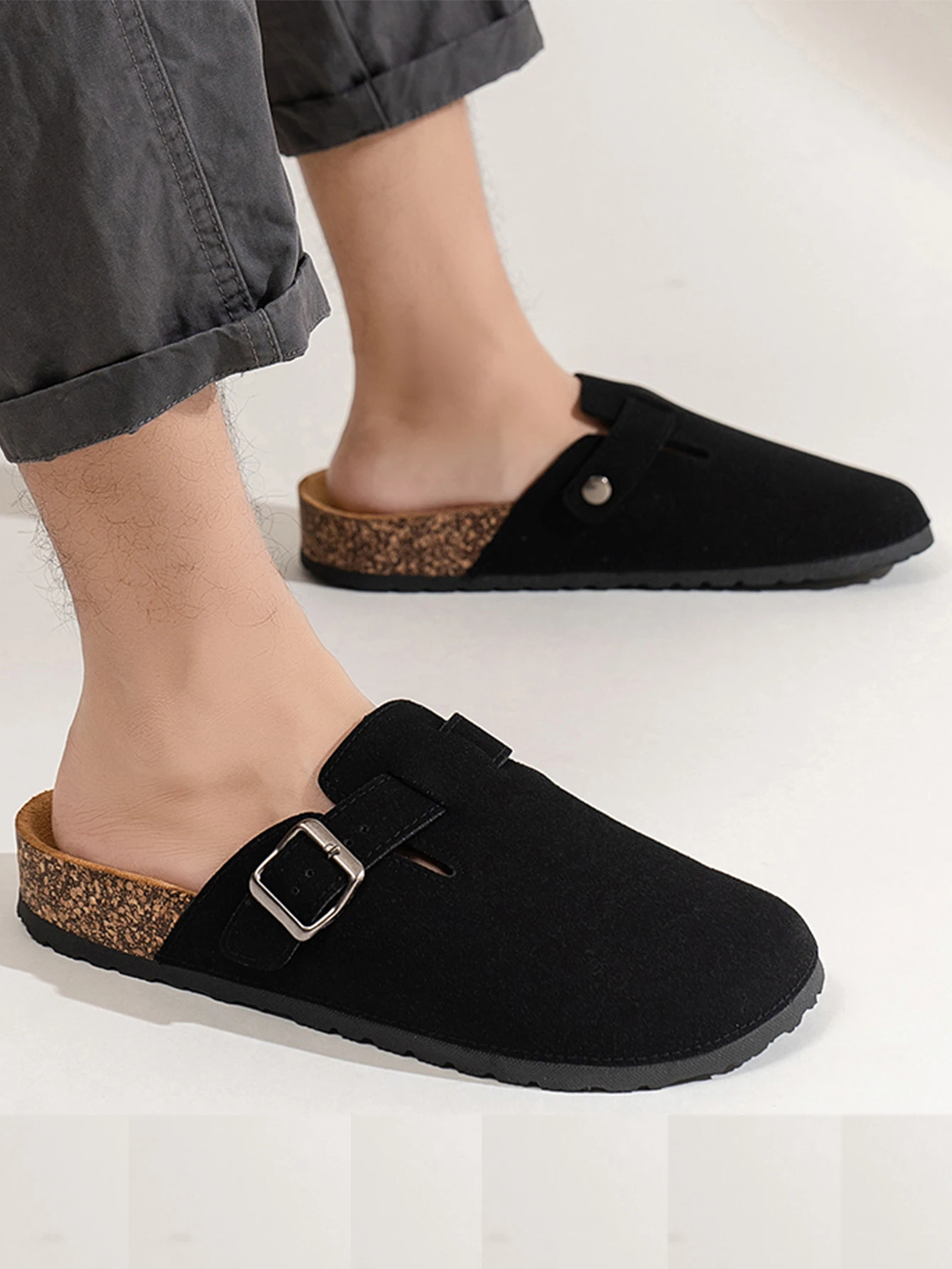 Men Shoes Men's Casual Solid Color Flat Heel Set Anti-Velvet Buckle Toe Slippers