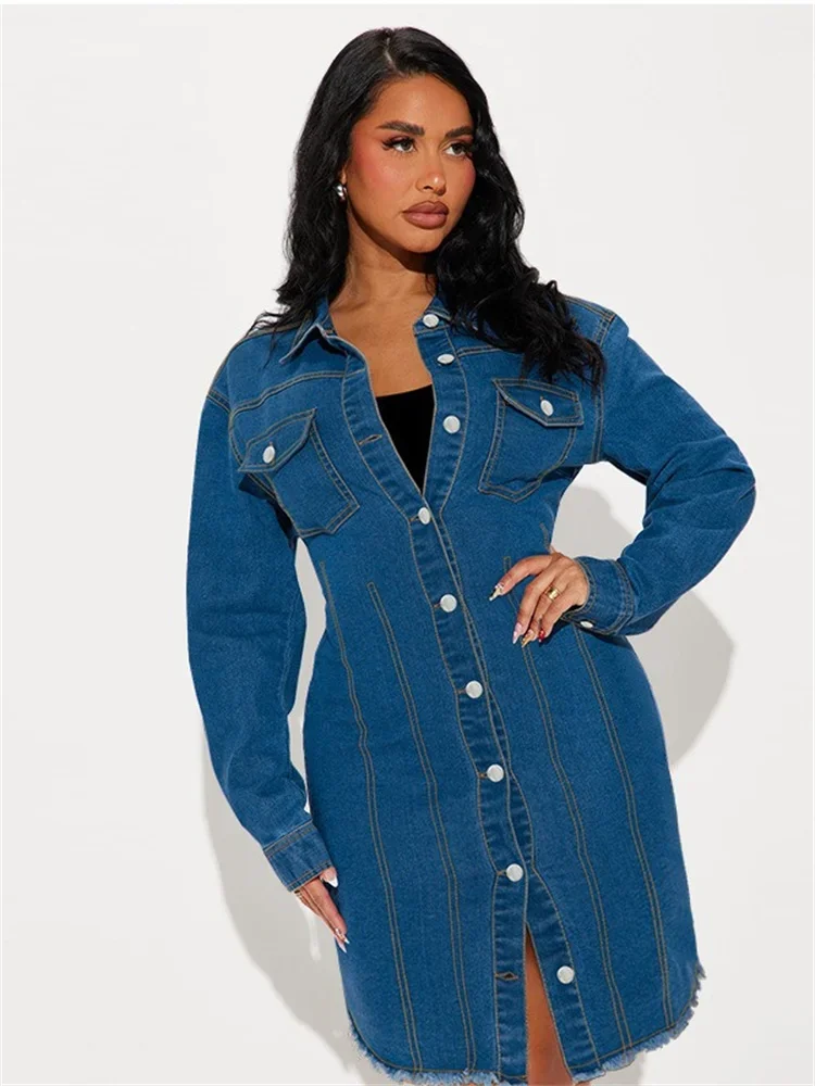 Wmstar Denim Dresss Women Sexy Button Bodycon Maxi Fashion Slip Hem Fall Winter Clothes Midi Dresses Wholesale Dropshipping