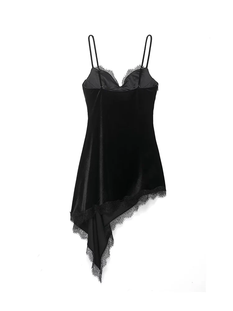 Women's Elegant Sling Dress Chic Lace Trim Spaghetti Strap Asymmetric Hem Party Velvet Dress New Female Fashion Irregular Dress