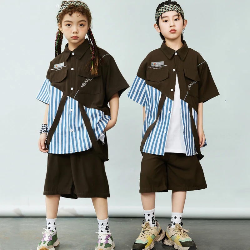

Modern Jazz Dance Costumes For Kids Stripe Shirts Loose Shorts Streetwear Boys Hip Hop Dancing Clothes Girls Stage Wear DQS13153