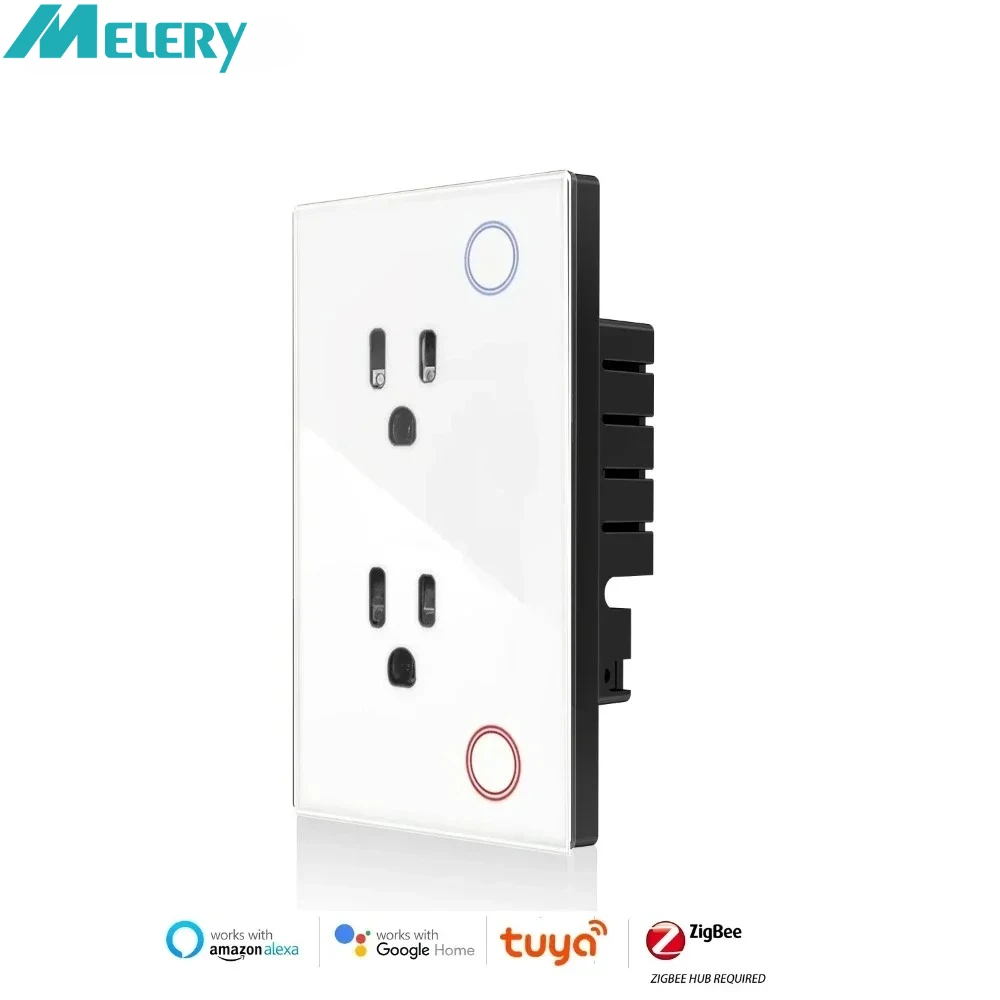 ปลั๊กไฟอัจฉริยะ Melery Tuya Zigbee แบบติดผนัง มาตรฐานอเมริกา พร้อมระบบตรวจสอบการใช้ไฟฟ้า แผงกระจก ตั้งเวลาได้ ควบคุมผ่านแอพ รองรับ Google Home และ Alexa 1