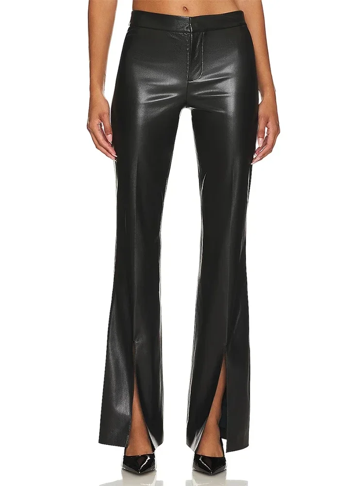 Faux Leather Pants for Women, High Waist, Vintage, PU Flare Pants, Hem Split, Stretch Trousers, Streetwear Leggings, Custom