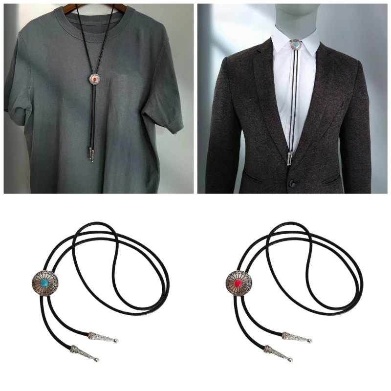 

Adult Bolo Tie Evening Party Necktie with Color Gemstones Pendant Gentleman Formal Meeting Discotheque Party Supply