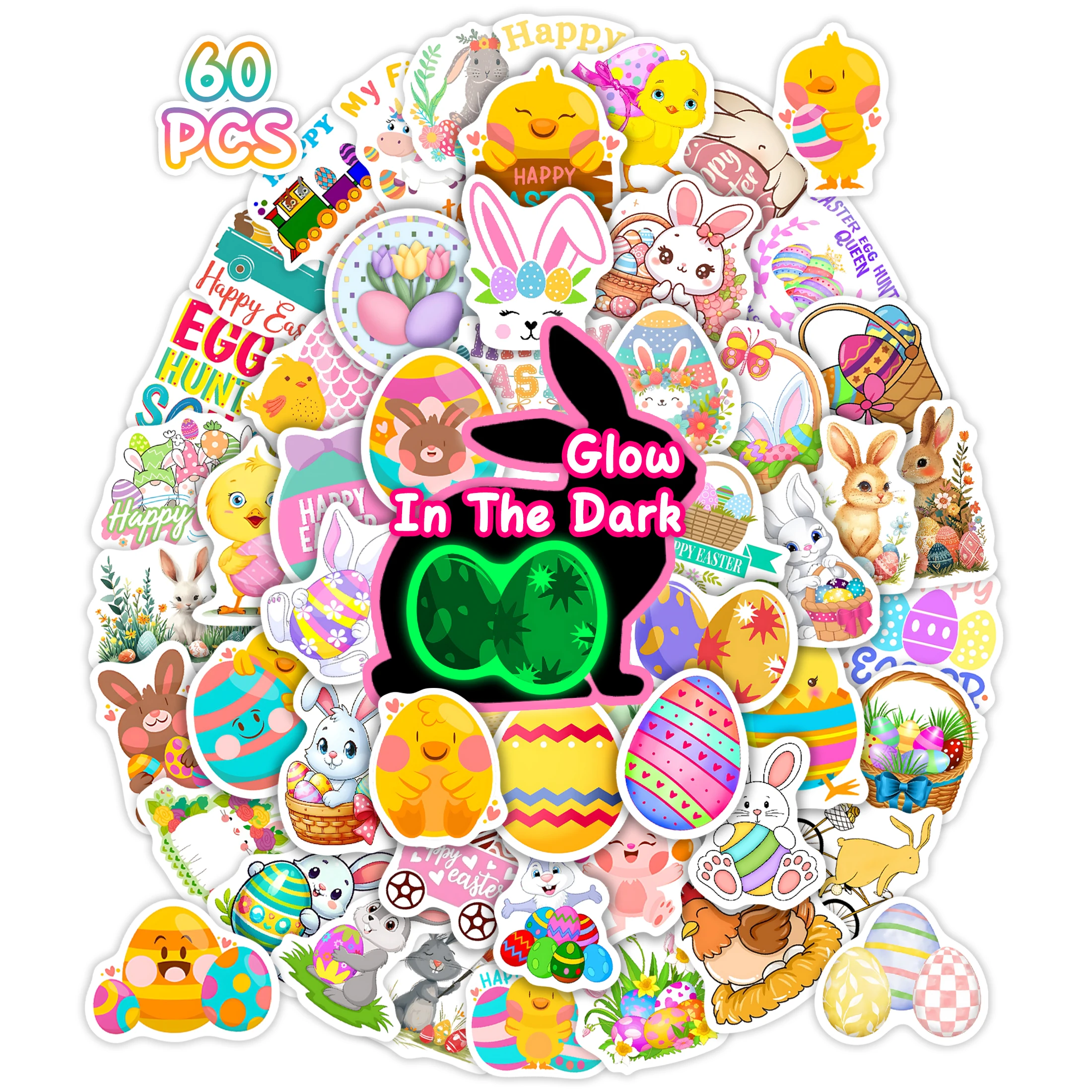 60개 야광 부활절 스티커, 물병용 부활절 달걀 원형 스티커, 방수 해피 부활절..