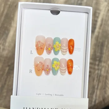 10PCS Colorful Gradient Almond Press on Nails Handmade 3D Carved Flowers Dopamine French Style Fake Nails Art Wearable Nail Tips
