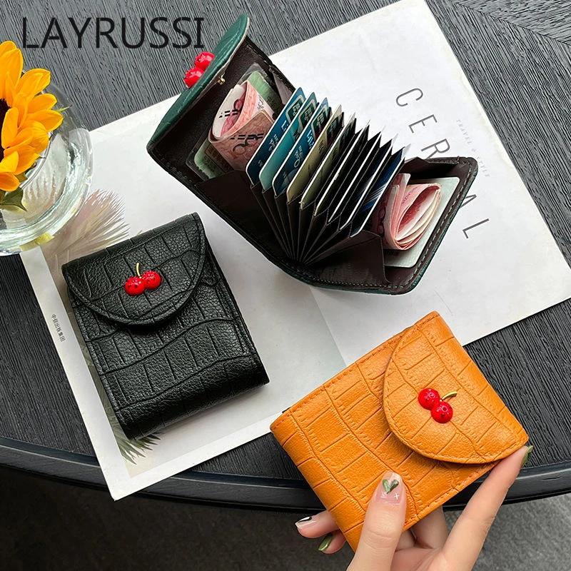 

LAYRUSSI Women Card Holder Fashion Ladies Small Wallet Female Vertical Cherry Coin Purse Anti-theft Brush Bank Credit Card Case