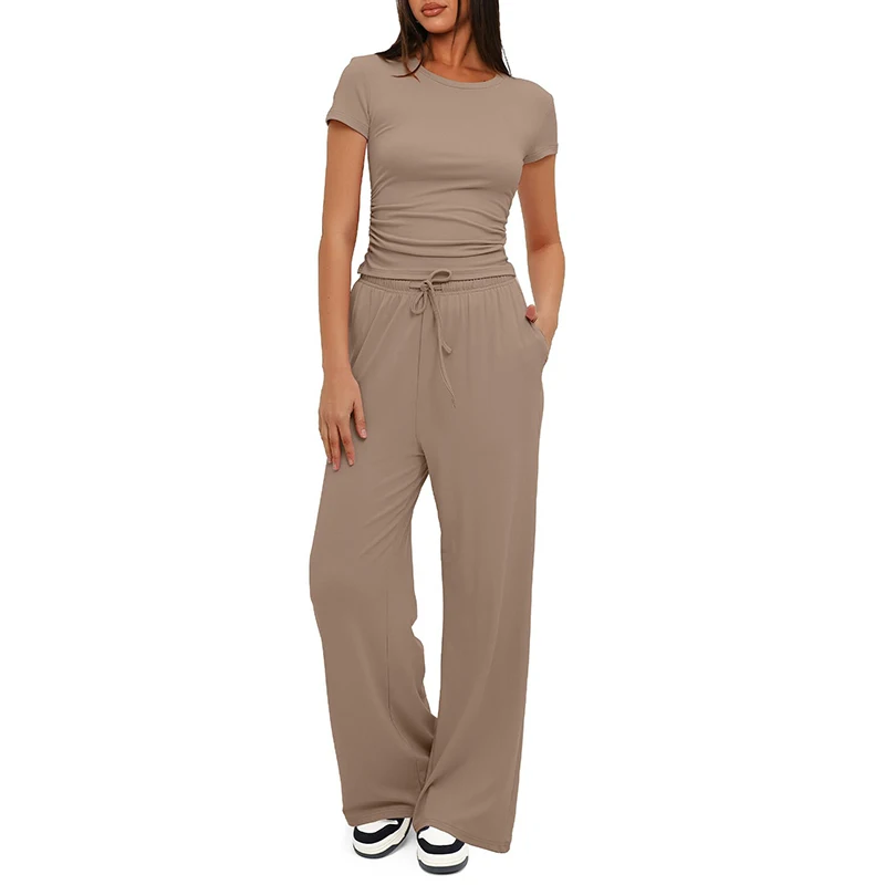 Women's elegant wide leg long pants short sleeved top casual loose sportswear XS-2XL 7Colors