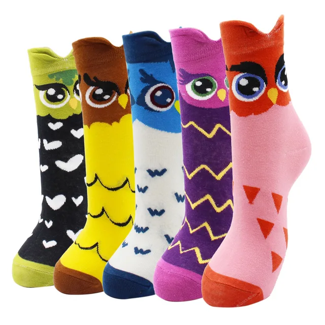 4-5 Pairs Newest Colorful Harajuku Korean Kawaii Cute Women Socks Cartoon Cat Dog Owl Stripe Avocado Girl Cotton Socks 5 pairs-AYT005