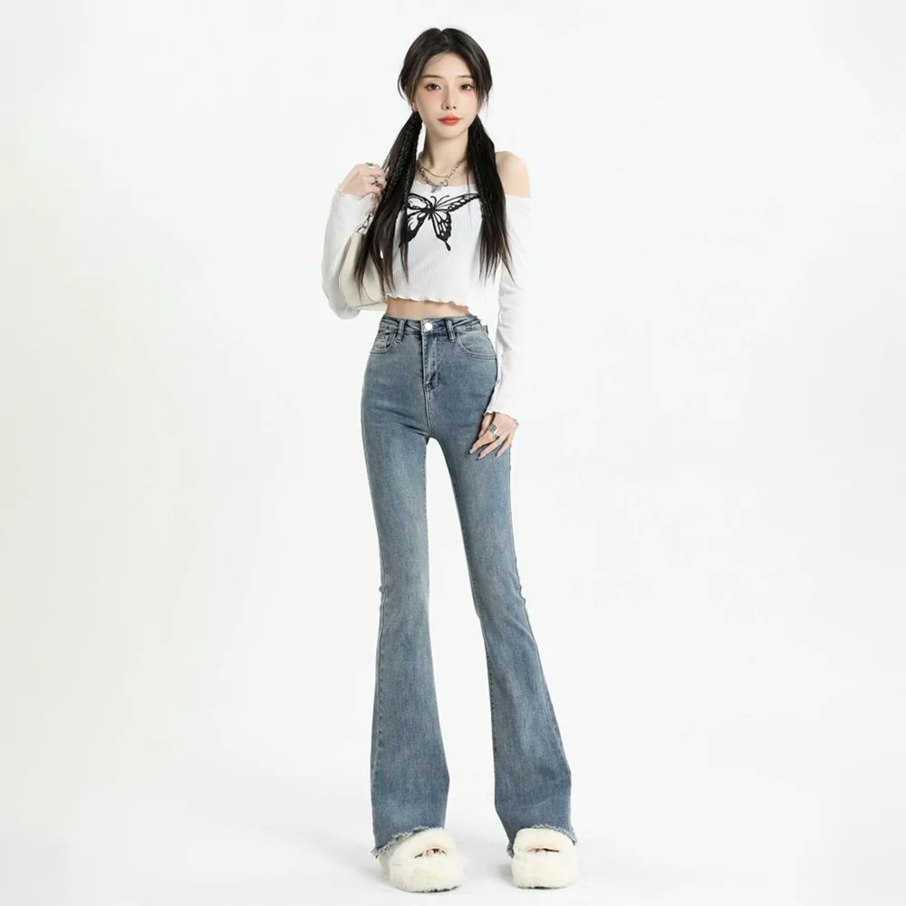 Gray Flared Jeans Women's Spring Autumn High-waisted Slim-fit Pants Retro Y2K Street Female Denim Trousers images - 6