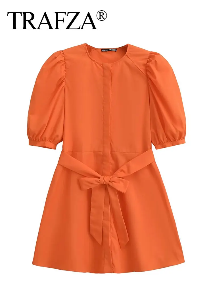 HH Women Belt Mini Dresses Elegant Solid Single Breasted Short Puff Sleeve O Neck Dresses Slim Female Summer Casual Dresses