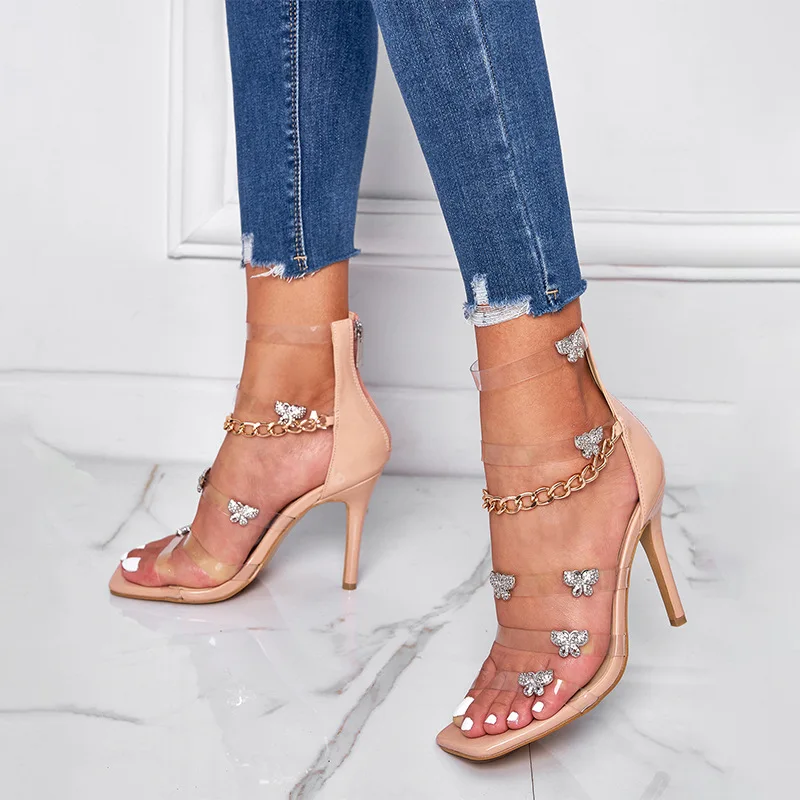 High Heeled Foreign Trade Sandals for Women Rhinestone Butterfly Chain, Transparent Thin High Heeled Square Toe Women's Shoes