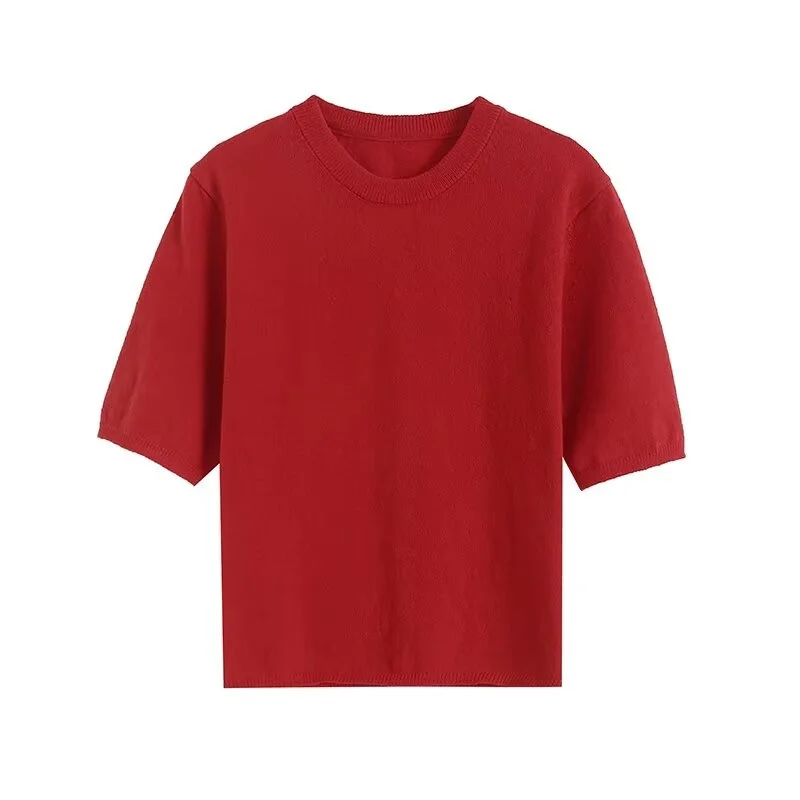 EllYANEllTIAN-Haut en tricot rouge à manches courtes pour femme, pull slim à col rond, haut court, basique, rétro américain, nouveau lancement, été, 2024