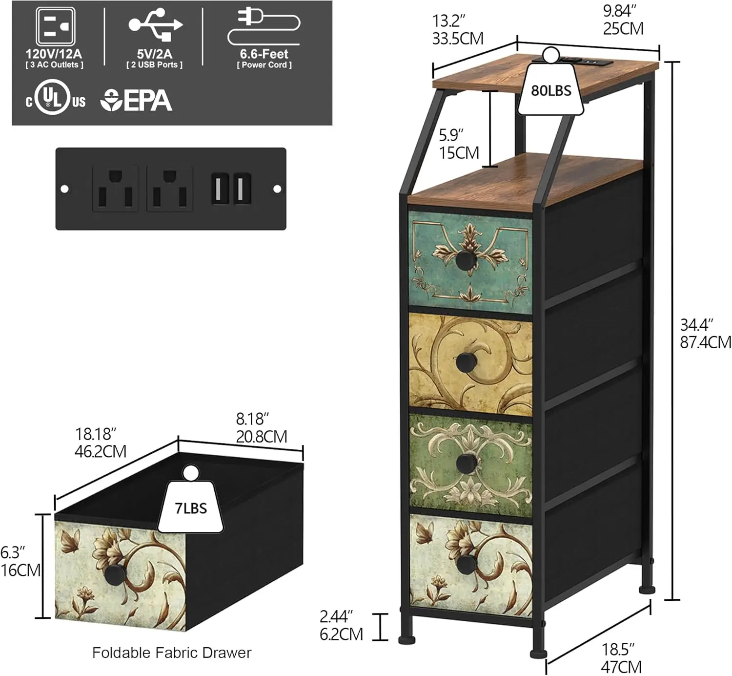Narrow Dresser. Slim Chest of Drawers. Charging Station. Nightstand. Bedroom, Bathroom. Retro Flower, 4 Drawers.