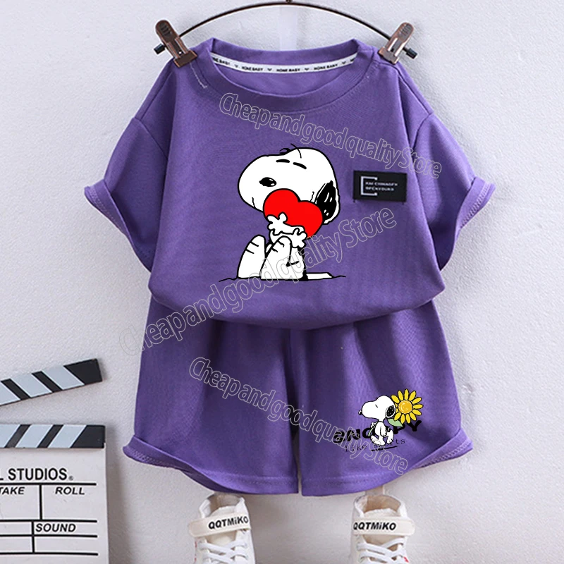 thumbnail image 1 of Camiseta de Snoopy para niño y niña, conjunto de 2 piezas, pantalones cortos, Tops de dibujos animados, chándales deportivos, trajes, regalo de cumpleaños, 1 of 5