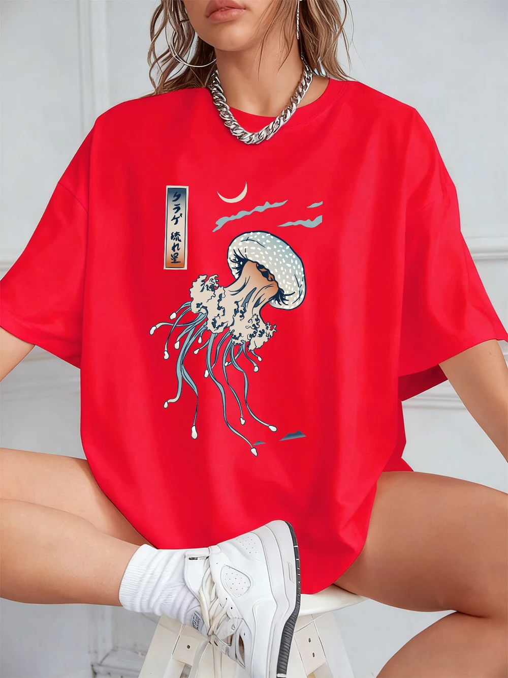 Harajuku Jellyfish Print Women's Cotton Tee - Soft, Loose-Fit Summer Top