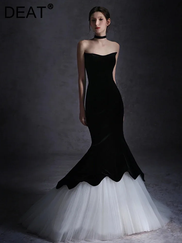 

DEAT Women's Fashion Evening Dress Strapless Slim Patchwork Stack Gauze Velvet Wedding Fishtail Dresses Spring 2024 New 13DB4638