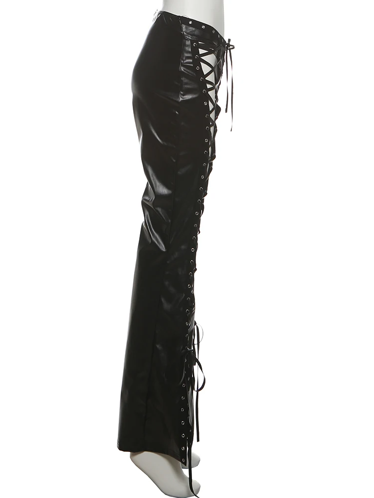 Nibber Kunstleder Bootcut Hose Damen Kreuzverband Hohlschleife Quaste Skinny Coquette Mitternachtsmusik Festival Wild Streetwear – Detail 4