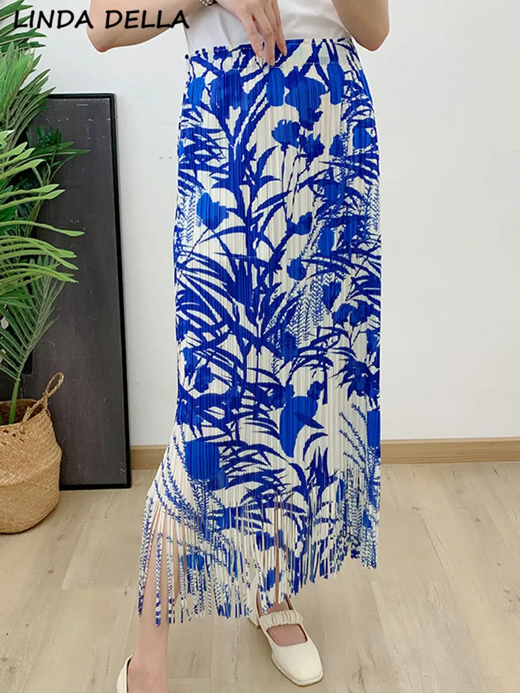 

LINDA DELLA Summer Fashion Designer Vintage Print Pleated Skirt Women's Elastic Waist Tassels Casual Package Buttocks Long Skirt