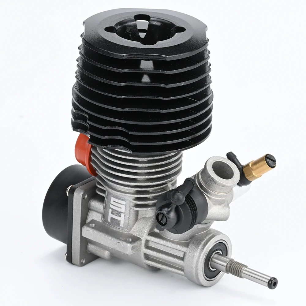 Moteur Nitro SH 28 4.57CC pour voiture RC 1/8, détail du carburateur et du collecteur d'échappement.