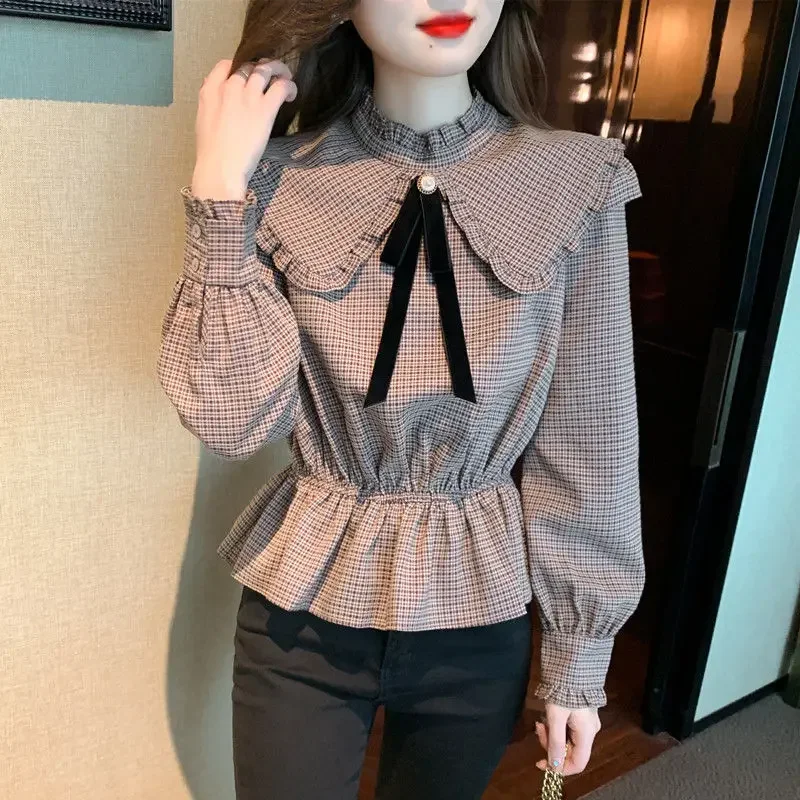 

Spring Temperament Korean Bow Peter Pan Collar Blouse Women's Clothing Sweet Fashionable Plaid Long Sleeve Waist Shirt E691