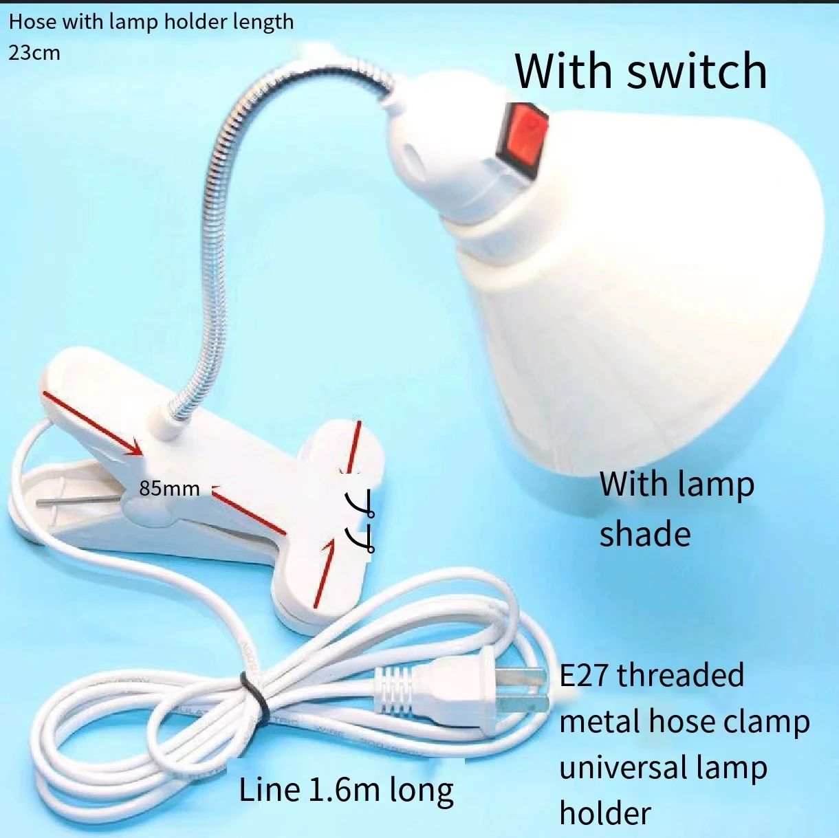 

E27 screw LED universal lamp holder clip lamp holder Bedside lamp stand lamp stand plant fill light with plug switch cable