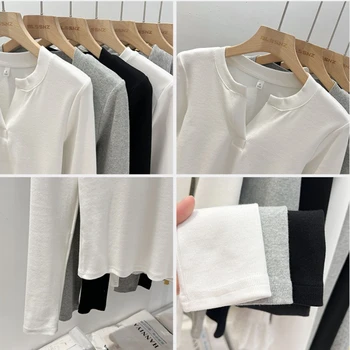 2025 المرأة الأساسية نمط الخامس الرقبة طويلة الأكمام تي شيرت الكورية ضئيلة تنوعا بسيطة قاعدة طبقة علوية عادية نصف مفتوحة طوق القمم 6