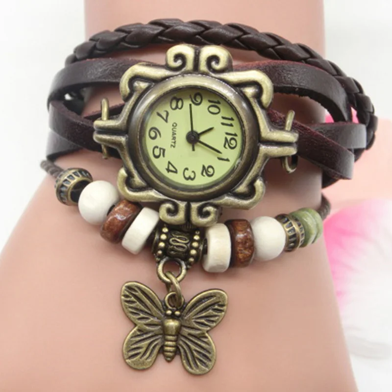 Fashion Retro Leather Strap Butterfly Pendant Women Bracelet Watch women watches
