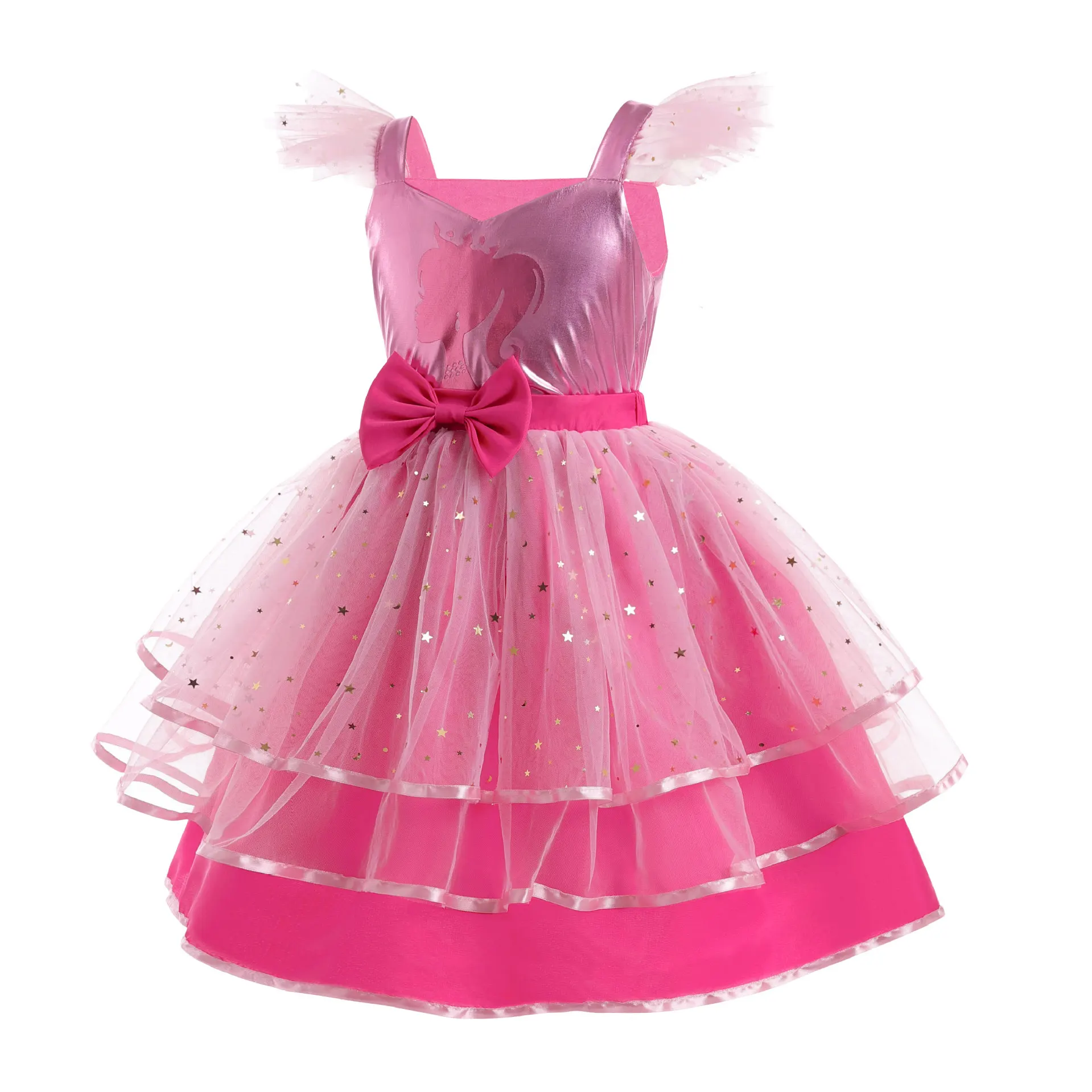 Girls Dress Girls' New Barbie Bow Print Small Flying Sleeve Cosplay Dress