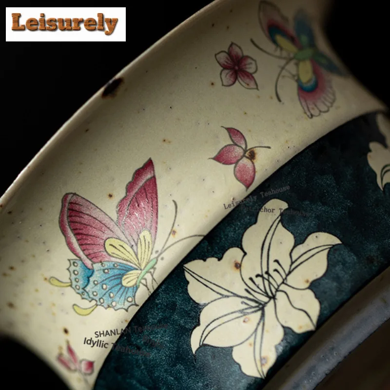 125ML Hand Painted Butterfly Lily Caramel Glaze Gaiwan Luxury Tea Tureen Tea Bowl With Lid Kit Tea Maker Cover Bowl Teaset Craft