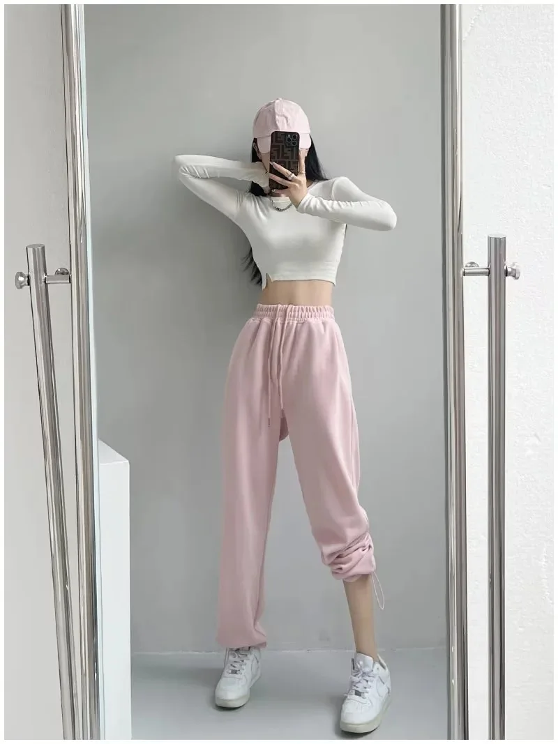 Pantalon large taille élastique Harajuku pour femme, manchette réglable,  pantalon de sport décontracté, pantalon de loisirs