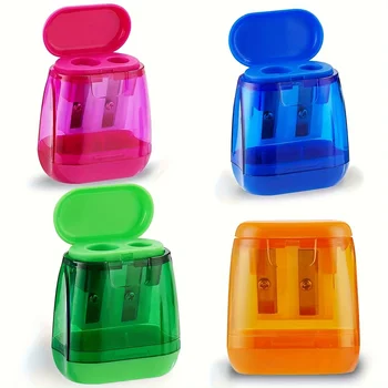 4 temperamatite a doppio foro con coperchio e contenitore per trucioli, set di temperamatite manuale portatile per matite colorate.